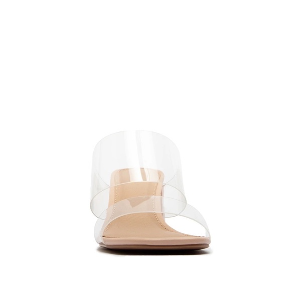 Tan clear band heels sandals slip on square toe events formal party mule - Picture 7 of 9